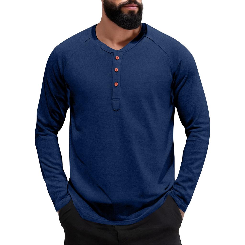 Men's Solid Color Slim-Fit Collar Button Casual Long-Sleeved Top