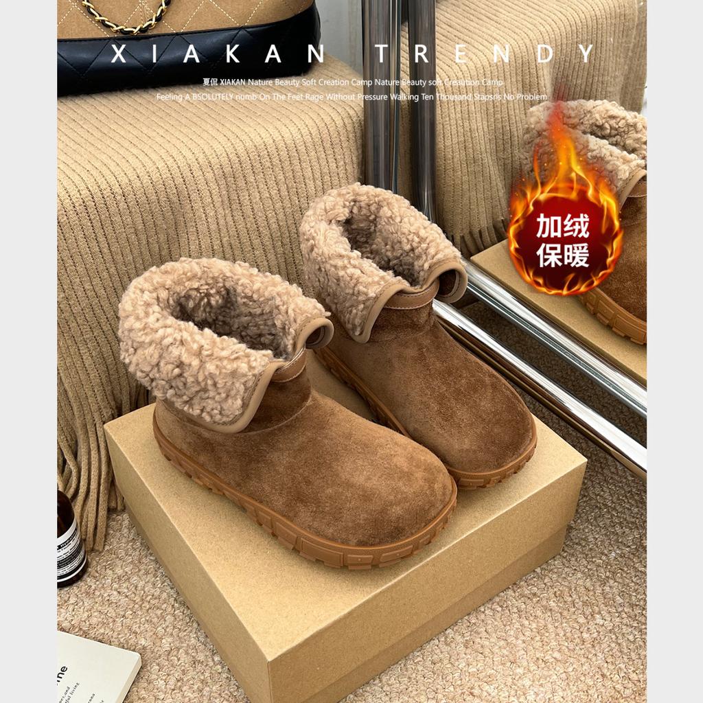 Ruodan, one boot and two wearing leather velvet warm snow boots for women's 2025 winter new short boots, fluffy cotton shoes