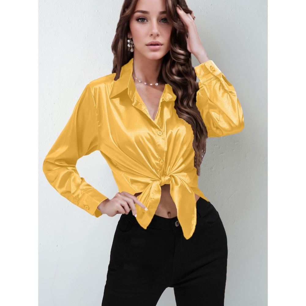 GMXIA Sateng Silkelignende Langermet Ensfarget Skjorte for Kvinner, Elegant Knappedetalj foran med Krage