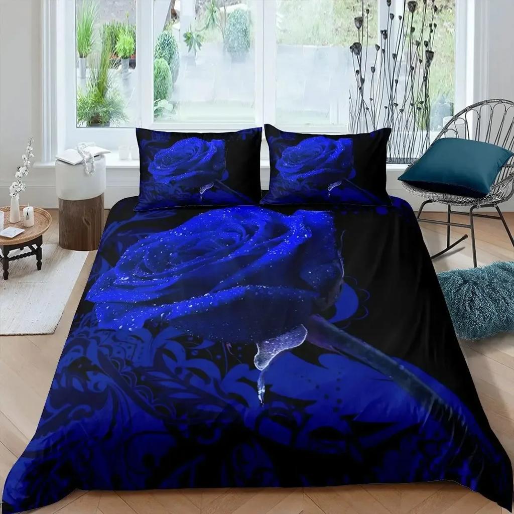 Blue Rose Floral Flowers Comfortable Duvet Quilt Cover Pillowcase Bedding Set Children Bedroom Decoration Home Textile