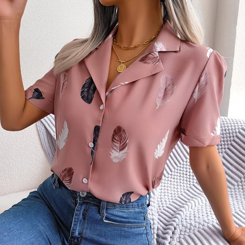 Women Summer Short Sleeve Lapel Feather Printed Casual Office Shirt Blouse Top