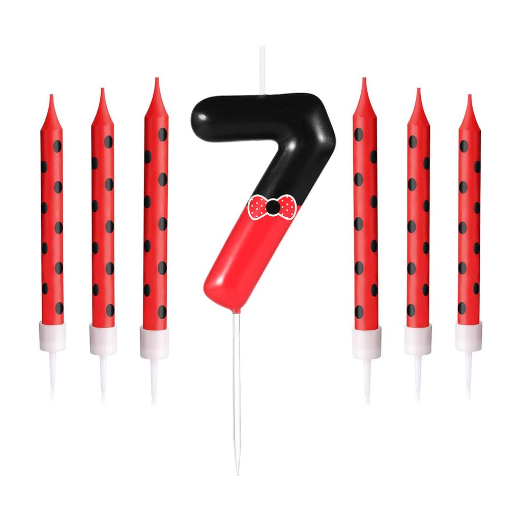 7pcs Black Red Bow Birthday Candles for Boys Girls, Red Mouse Number 0-9 Cartoon Themed Birthday Party Cake Decorations Supplies