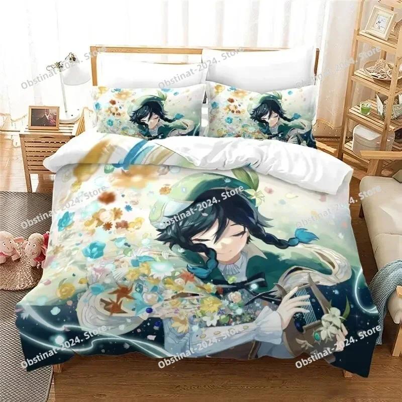 Anime Genshin Impact Paimon Printed Bed Set Duvet Cover Pillowcase Bedding Set Bed Linen Sheet Quilt Cover Full Queen King Size