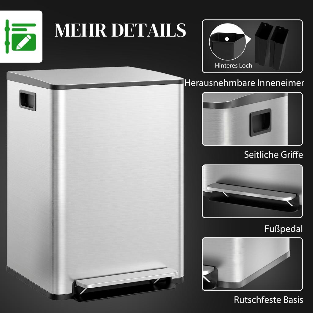 60L Dual Compartment Stainless Steel Bin, with Deodoriser Holders - Silver Tone