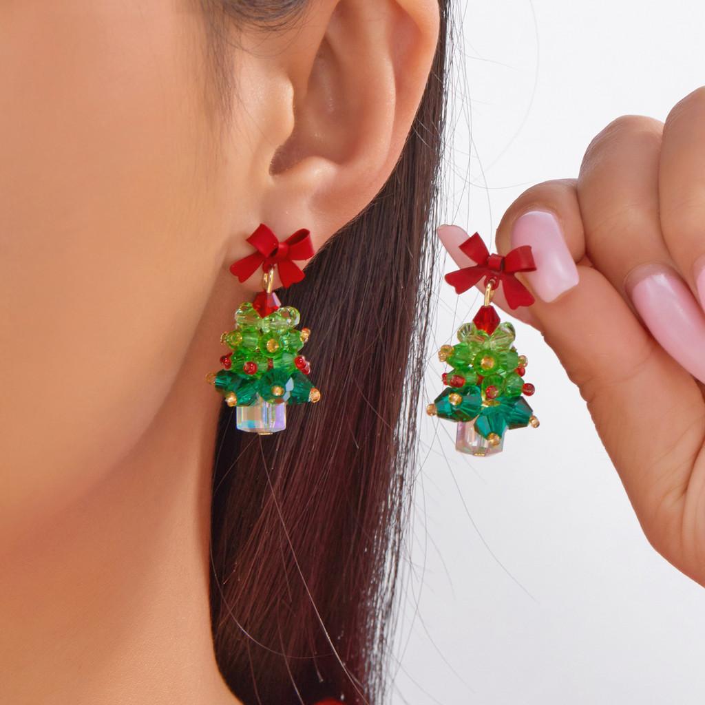 Festive Holiday Earrings Women Alloy Red Bow Christmas Tree Jewelry With Sparkle For Seasonal Wear