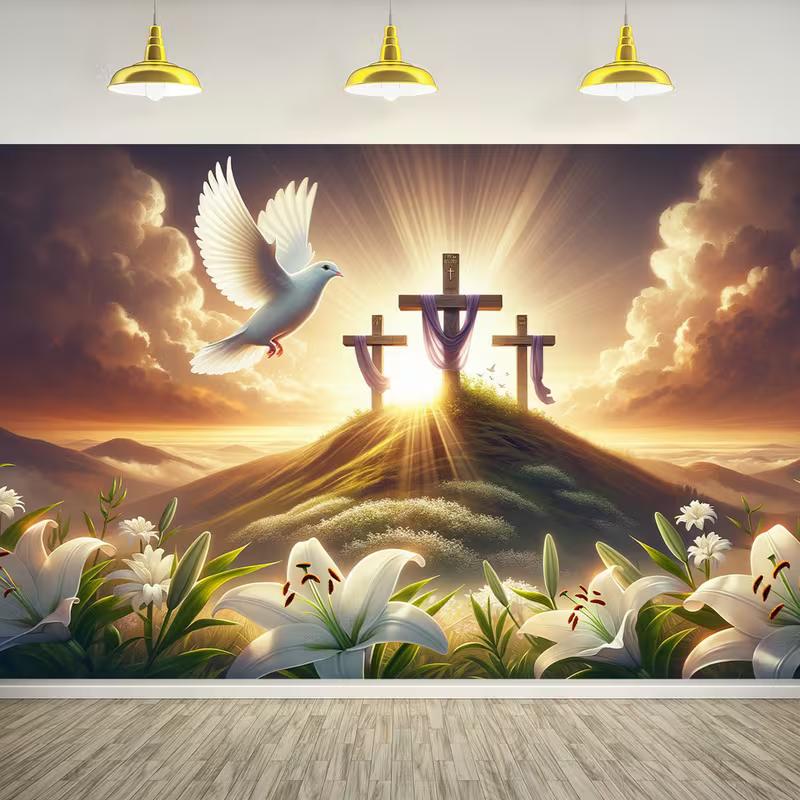 

2D Christian Easter Backdrop, Calvary Crosses with Dove & Flowers Photography Background 47.2x31.5inch/120*80cm