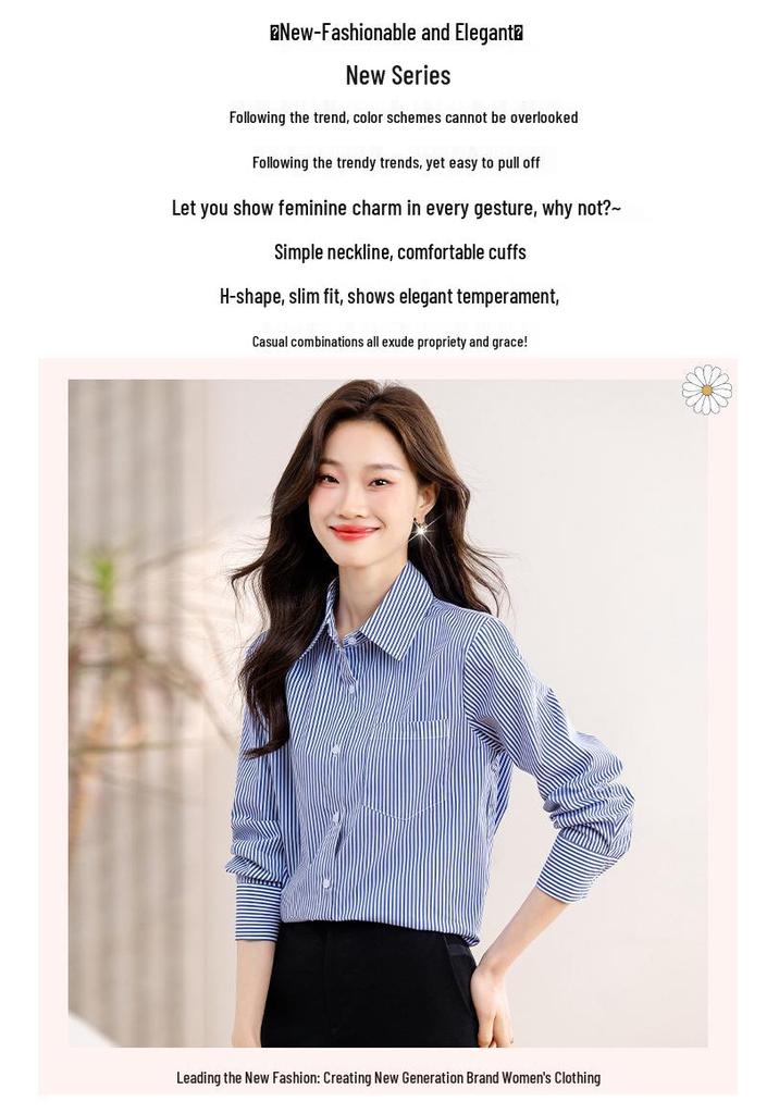 Women's Blue Striped Long Sleeve Shirt - 2026 Spring Slim Fit, Fashionable & Professional Design