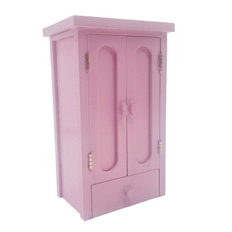 Dollhouse Bedroom Pink Mini Wooden Wardrobe Model Dollhouse Miniature Furniture Decor Diy Scene Accessories Toy