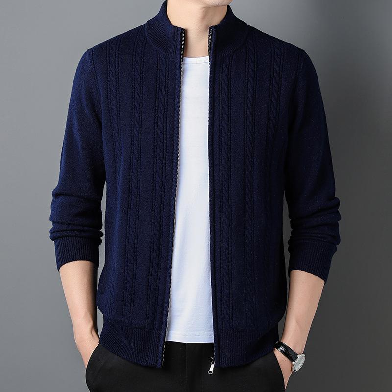 100 Pure Wool Cardigan Men's Half Turtleneck Top Middle-aged Spring and Autumn Full Wool Knitted Jacket High-end Sense
