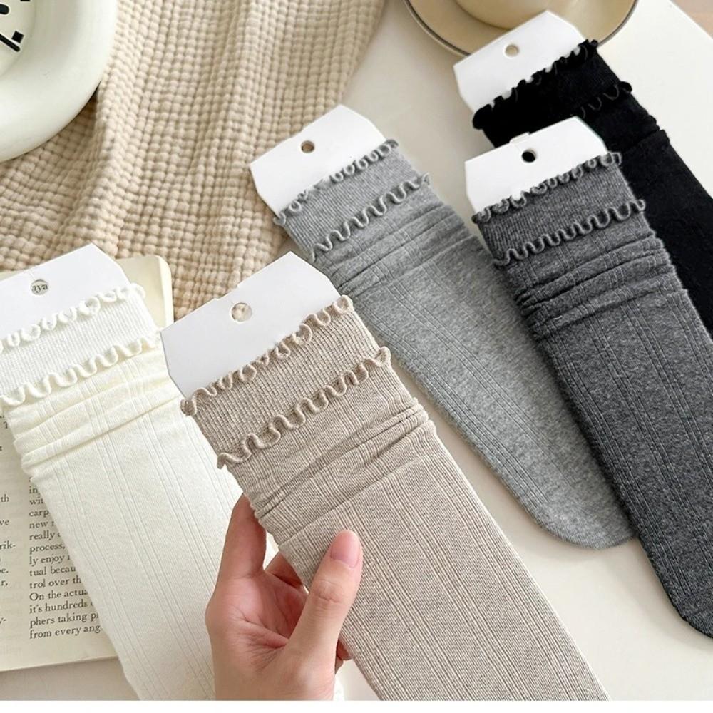 1 Pair Solid Color Ruffle Socks Vertical Stripes Korean Style Socks Comfy Frilly Socks  Daily Wear
