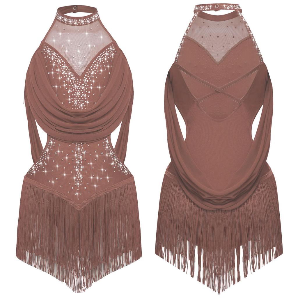 Girls Latin Dance Leotard Ruched Mesh Drapes with Glittery Rhinestones Tassel Cutout Costume