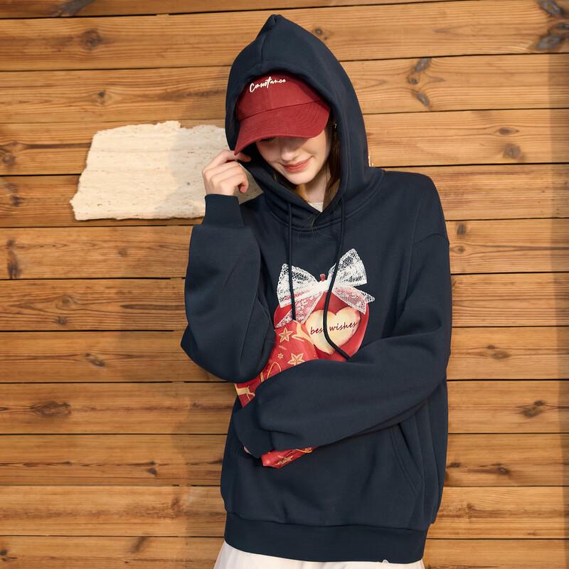 Sancai 2025 Christmas Embroidered Fleece-Lined Hooded Sweatshirt