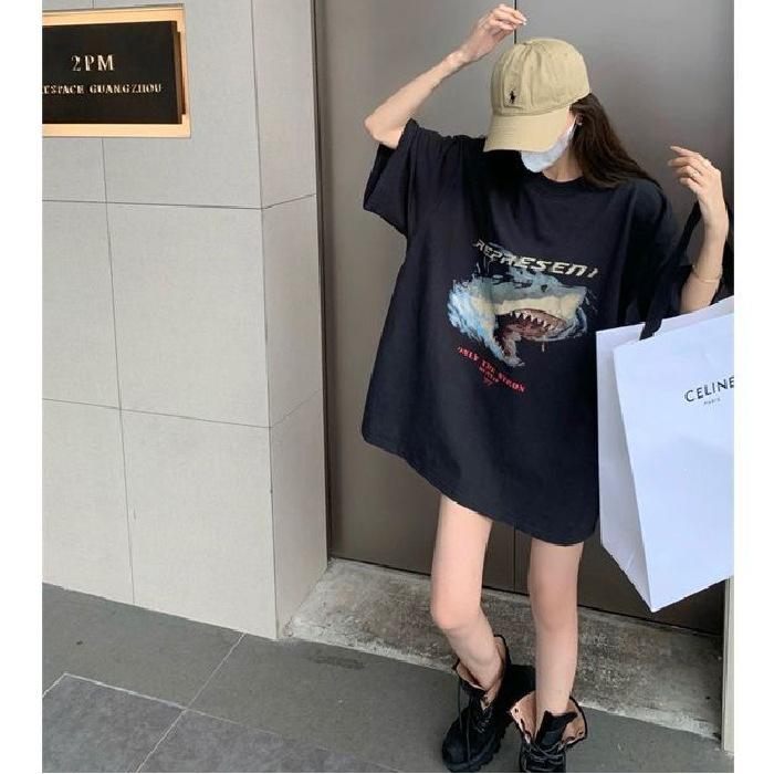 Black short-sleeved printed t-shirt women's 2026 new summer loose trendy brand high-end design sense niche medium and long top