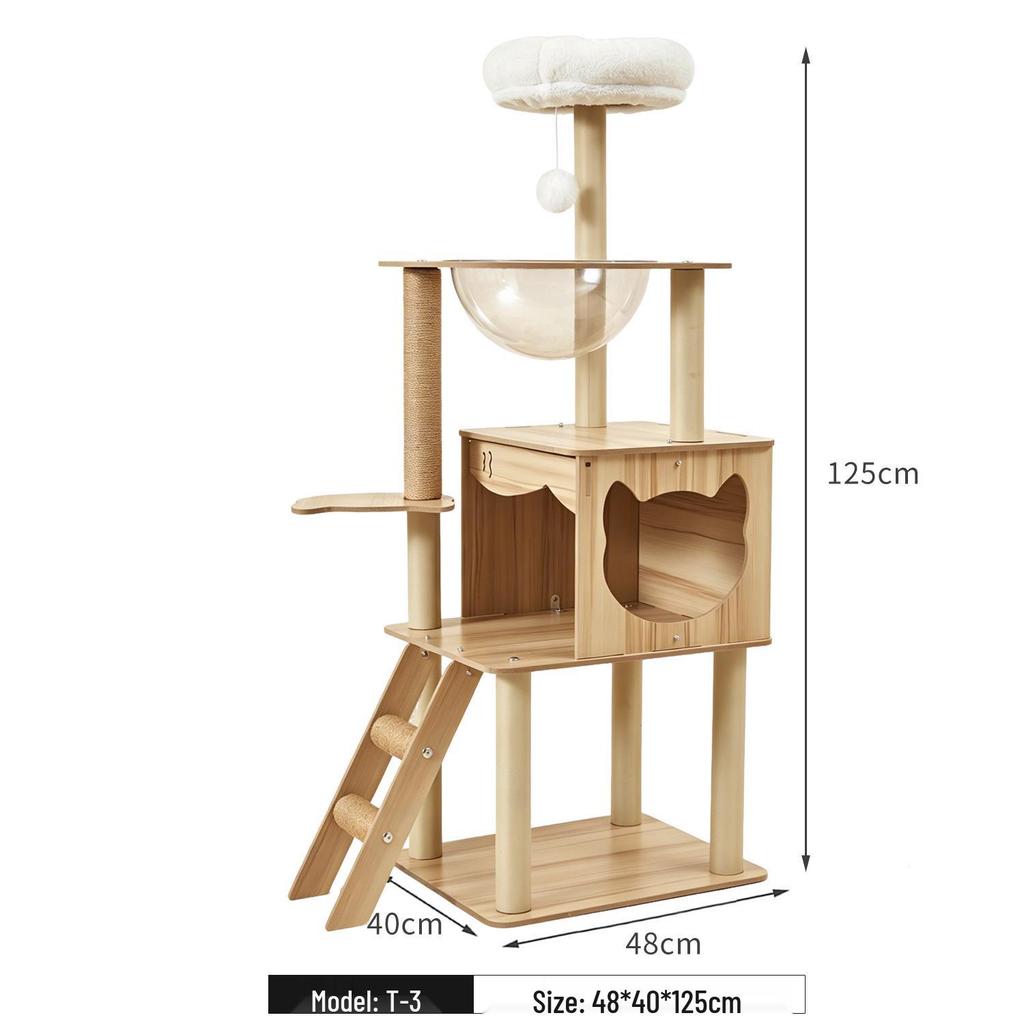Large Wooden Cat Tree & Scratching Post with Space-Saving Design - Integrated Climbing Frame & House