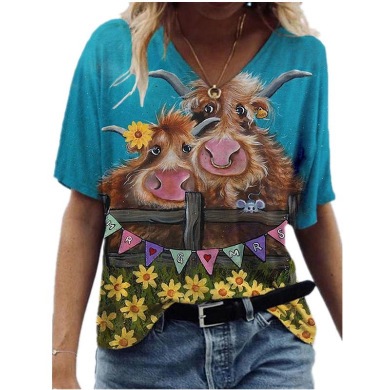 Módní jarní vícebarevné potištěné halenky s krátkým rukávem a výstřihem do V, ležérní trička