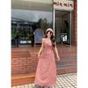 2026 Women's Red Plaid Open Back Strappy Summer Dress with Slim Waist and Pastoral Style Long Skirt