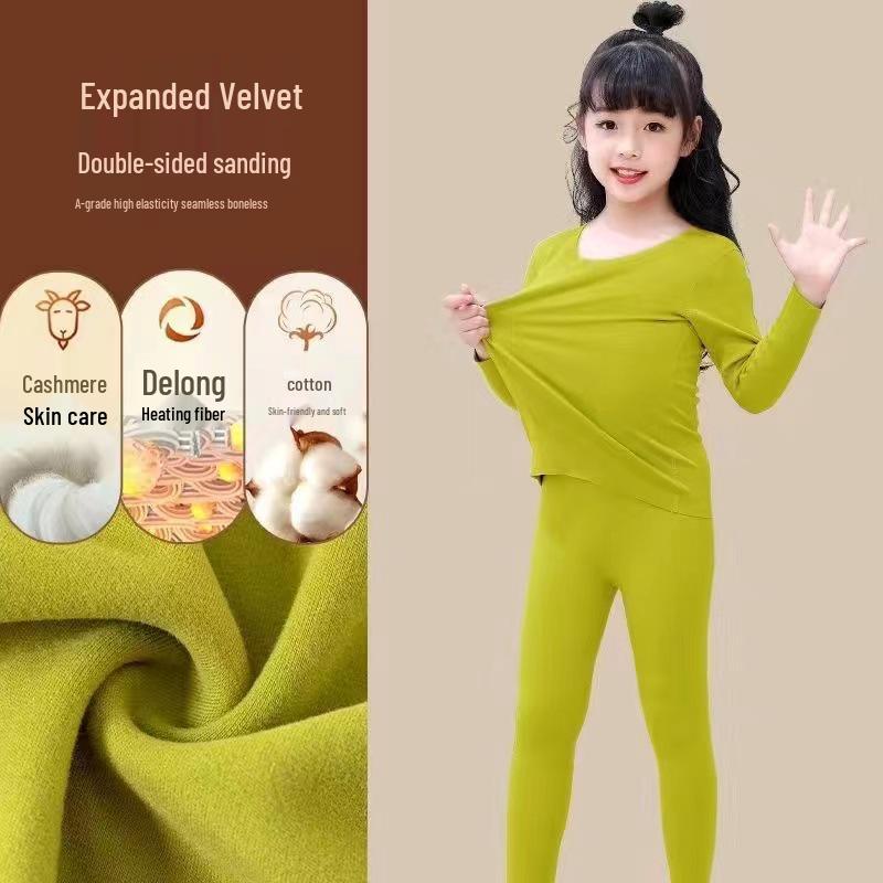 Girls' Fleece-Lined Thermal Underwear Set for Fall and Winter