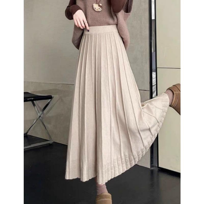 Women S Thick Knitted High Waist Midi A Line Pleated Skirt
