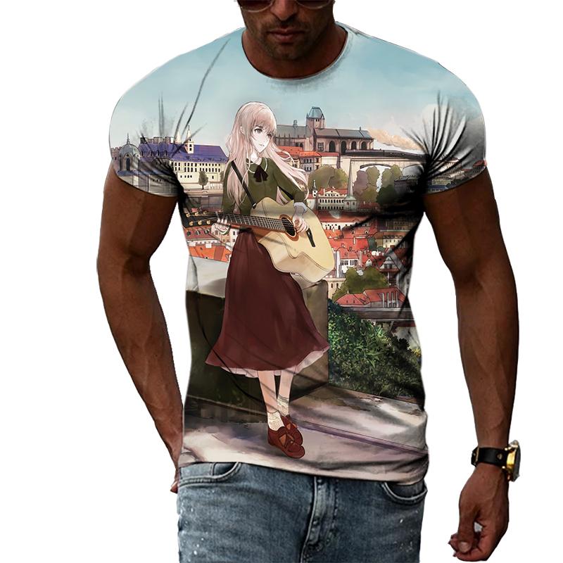 Summer Boys Cartoon Landscape Hand Painted Graphic T Shirts Men Casual 3D Taste Kawaii Printed Round Neck Short Sleeve Tees Tops