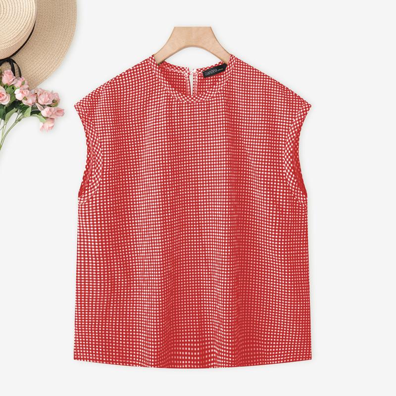 ZANZEA Women Plaid Print Casual Round Neck Sleeveless Blouse
