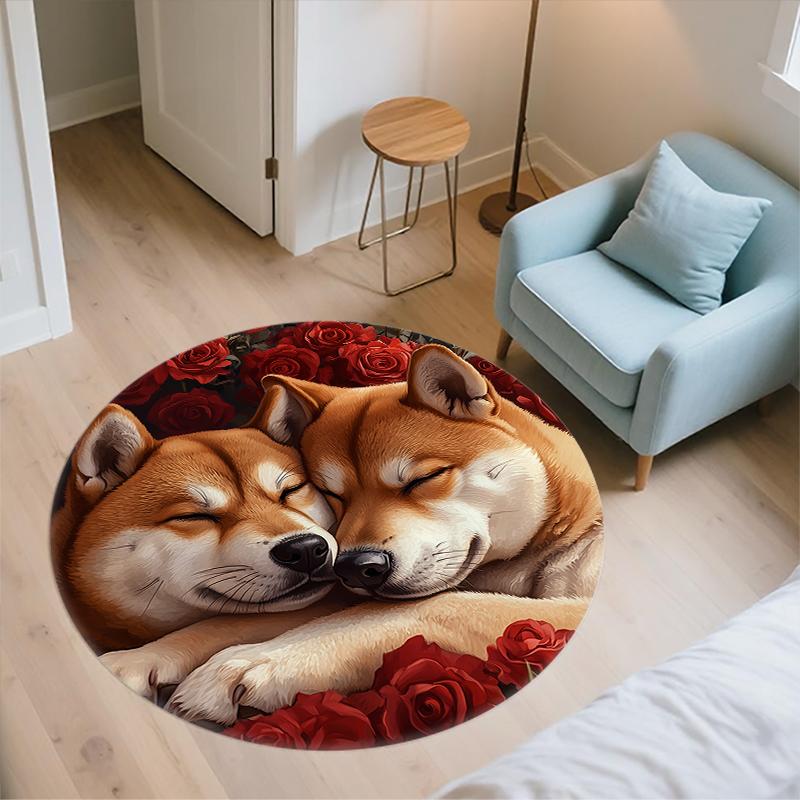 Shiba Inu and rose pattern round rug,Carpet Rug for Living Room Bedroom  Playroom ,Non-slip Floor Mat,Holiday Gifts and Birthday Gifts.