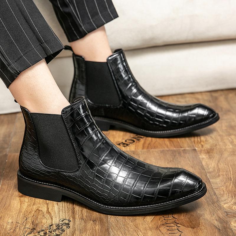 Vintage Krokodilmuster Lackleder Stiefel Herren Chelsea Boots Herren Stiefeletten Modedesigner Herren Freizeit Business Schuhe