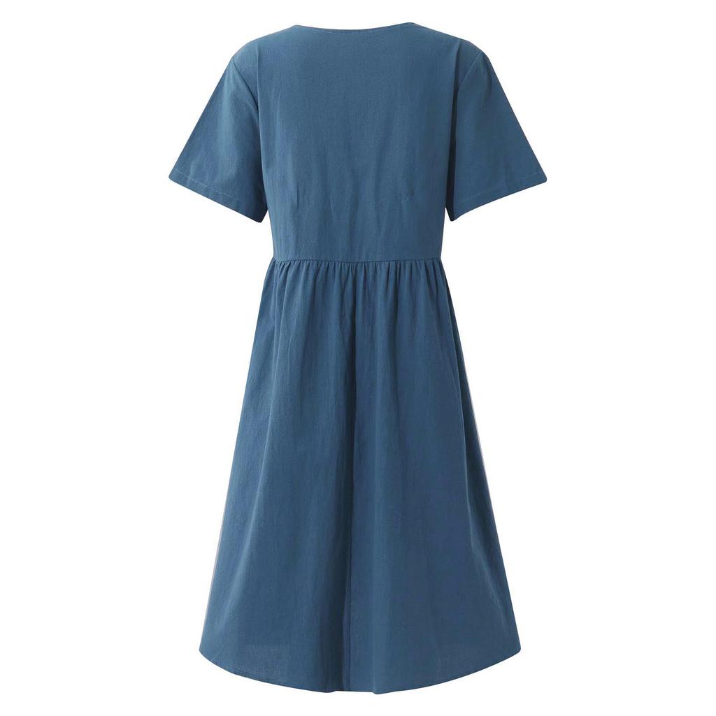 Women's Short Sleeve Cotton Linen Round Neck Pullover Oversized Dress