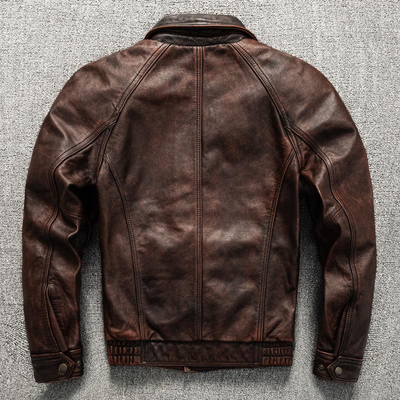 Retro Washing and Old Head Layer Cowhide Leather Genuine Leather Jacket for Men's Lapel Short Slim Leather Jacket