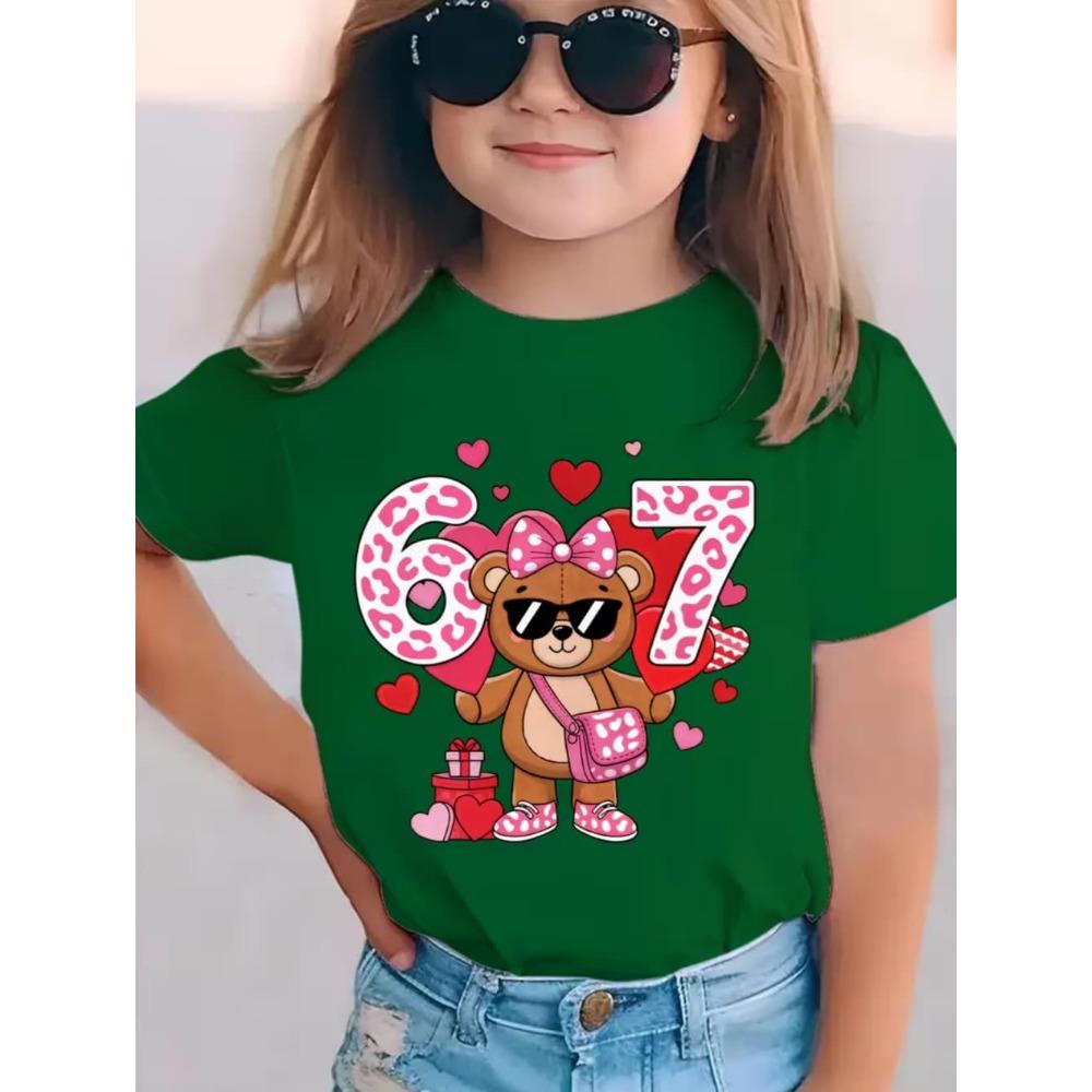 Children's Cute Girl T-Shirt Cartoon Bear Digital 67 Print Fashion Round Neck Short Sleeve Top Clothing Gift Children's Clothing