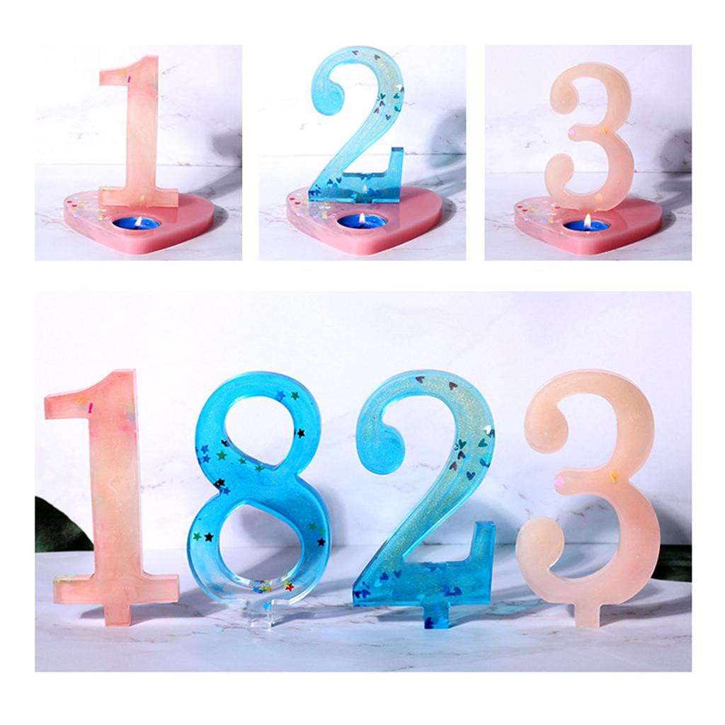 Crystal Epoxy Resin Mold Geometric Numbers with Heart Base Candlestick Mould DIY Candle Holder Cement Plaster Silicone