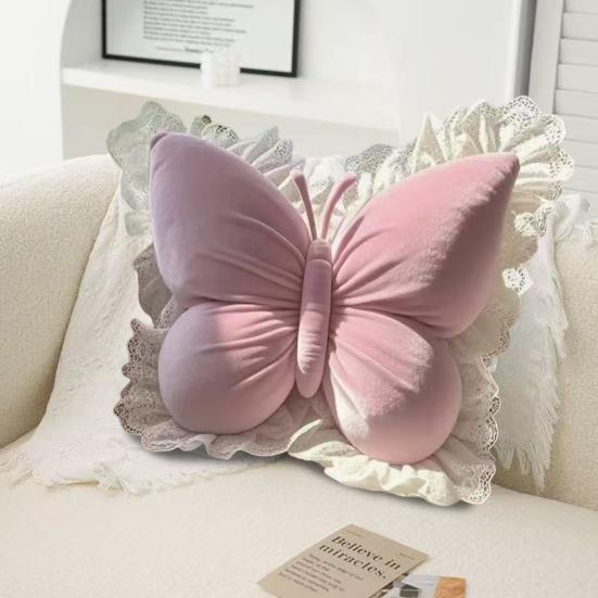 Butterfly Throw Pillow Plush Butterfly Pillow with Lace Ruffle Decorative Bedroom Cushion for Living Room Sofa Couch Bed Car