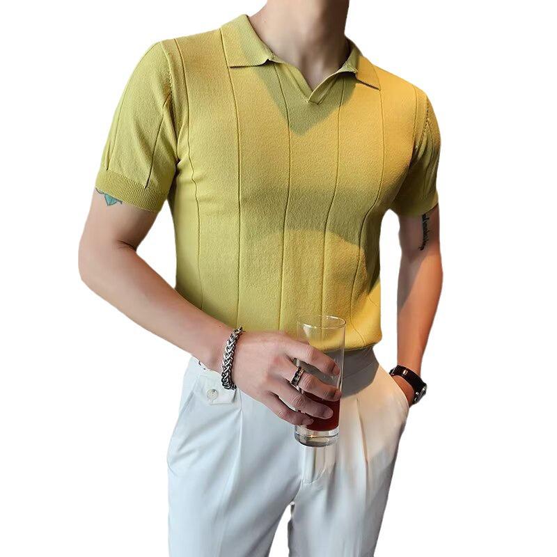 Men's Summer 2024 Slim V-Neck Knitted Polo T-Shirt - Short-Sleeved Business Casual Top