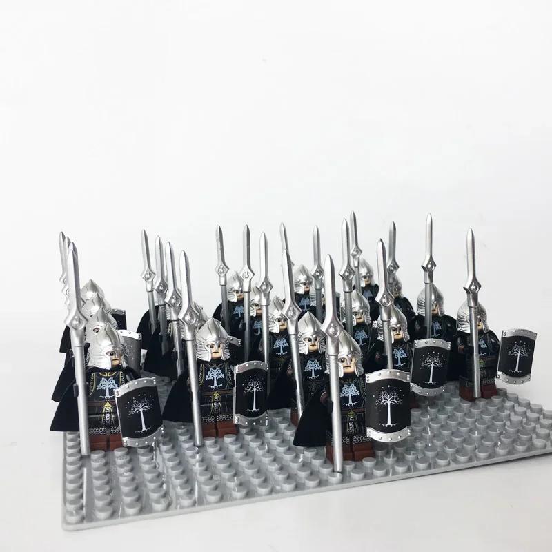 21Pcs/lot Dane Iron Feet Eomer Rohan Warriorr Vs Uruk Hai Army Figrues With Shield Sword Bow Spear Building Blocks Toys for Kids