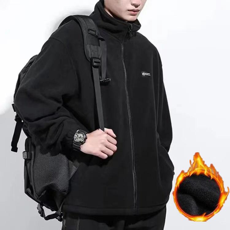 

Мужской флисовый свитер из овечьей шерсти на осень/зиму для пары, с воротником-стойкой, с флокированием, студенческая верхняя одежда, повседневная куртка XS чёрный