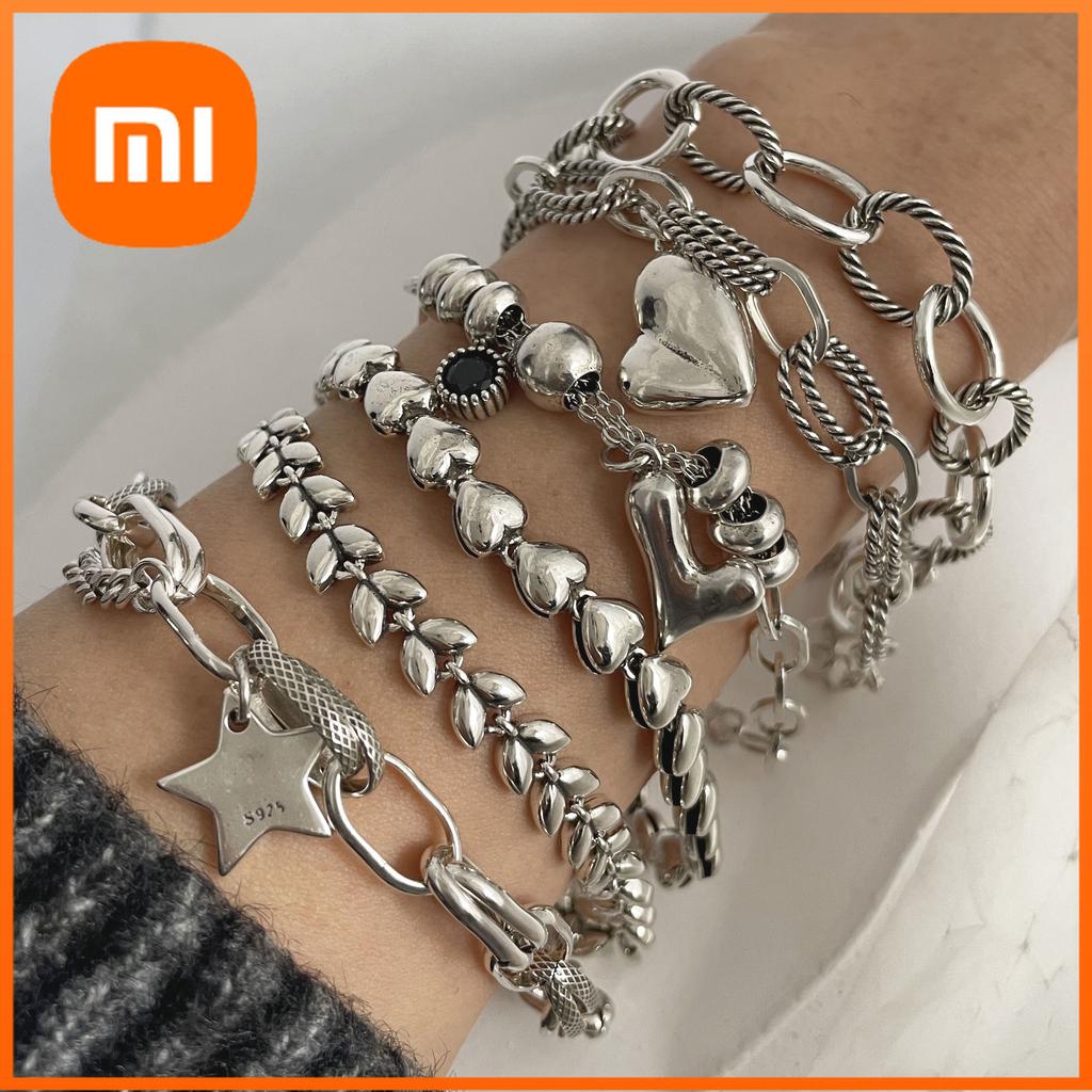 Xiaomi 100% Solid 925 Sterling Silver Metal Bracelet for Women Vintage Handmade Simple Retro Heart Chain Bracelet Birthday Gift Party