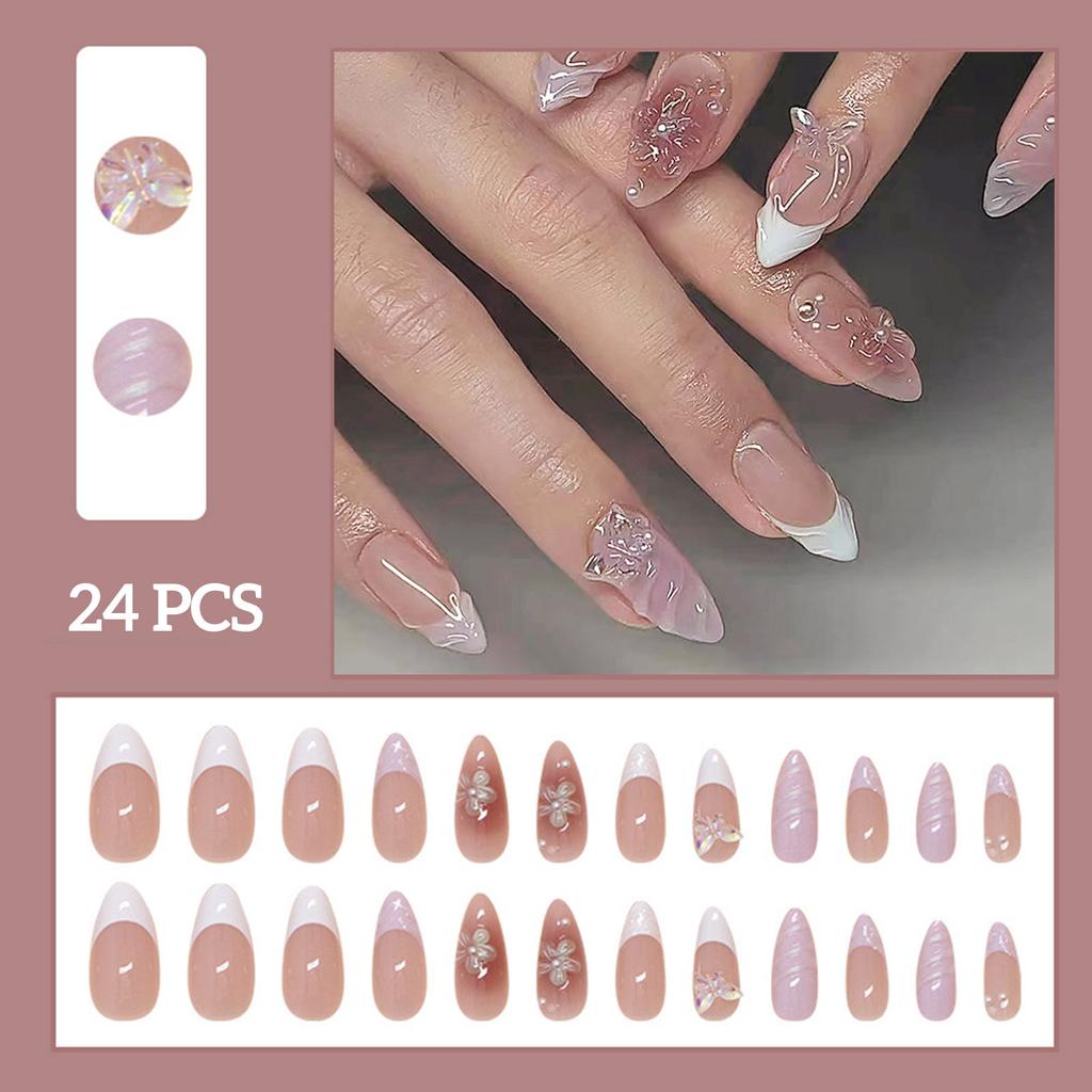 24pcs White Flower Fake Nail Tips Yellow Pink Blush False Nails Wearable Full Cover European Almond Shaped Press on Nails
