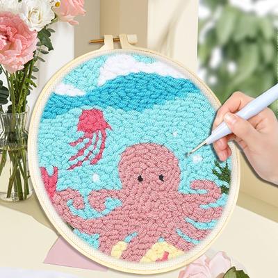 DIY Punch Needle Kits for Beginners Cartoon Dolphin with Hoop Embroidery Punch Needle Starter Craft Set Christmas Gift Decor