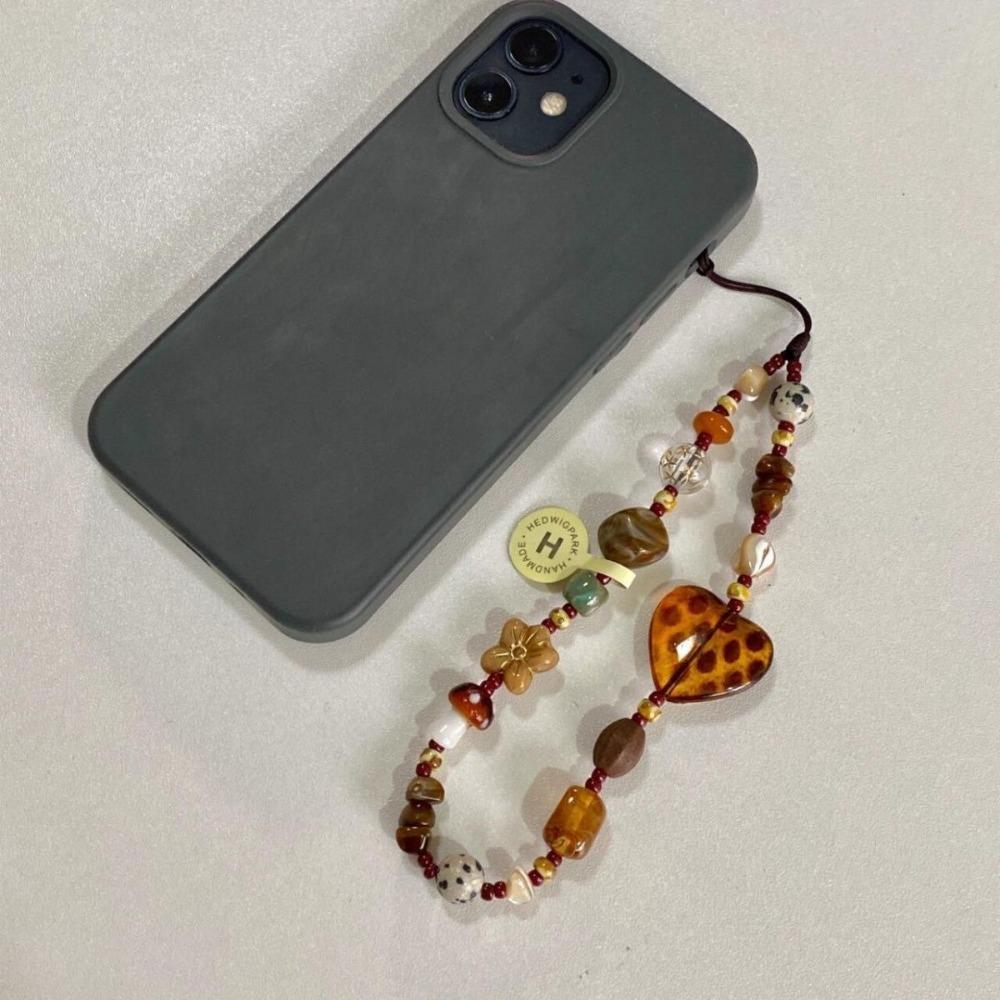 Retro Phone Chain Rope Leopard Heart Beaded Bracelet Keychain Y2K Hanging Cord  For Girl Woman