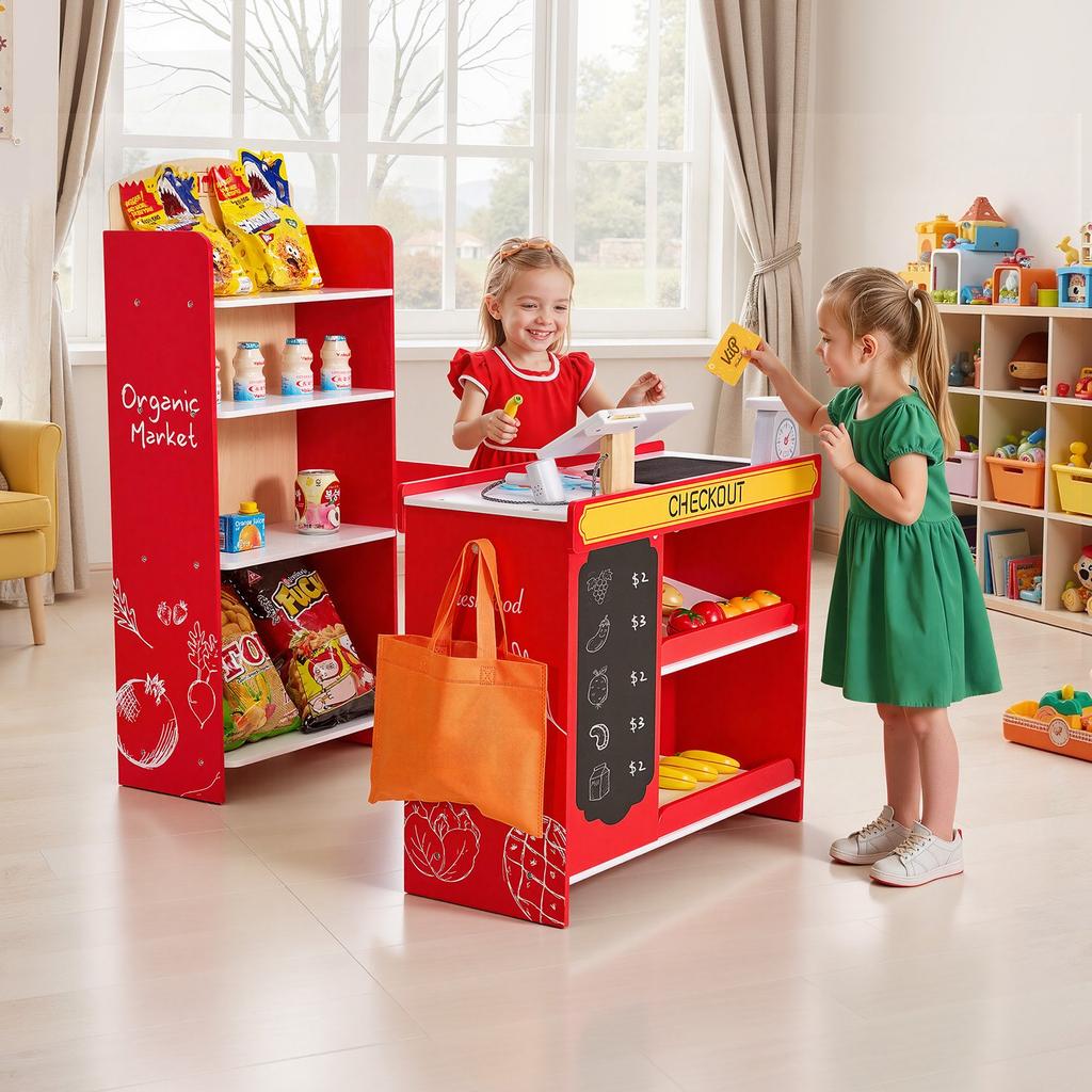 VEVOR Kids Grocery Store Playset, Wooden Play Store with Shopping Bag, Kids Supermarket Pretend Play Toy Set with Conveyor Belt, Scanner