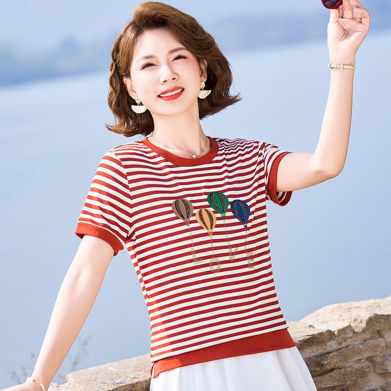 

Past Women s Summer Rhinestone Print Striped T-Shirt 4XL