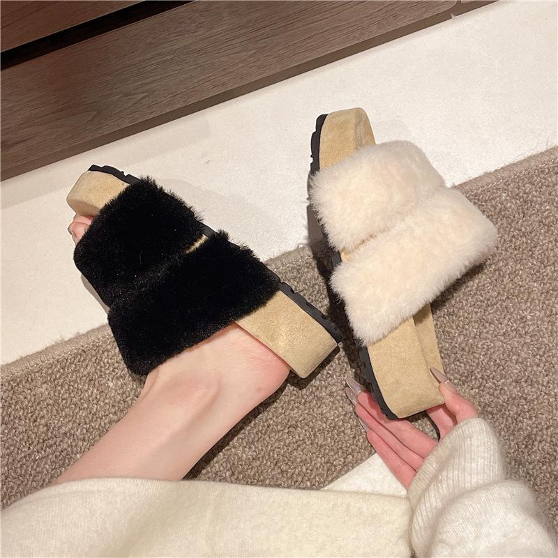 Women Wearing Fluffy Slippers In the Autumn of 2025 New Gentle Retro Casual Cool Slippers Thick Bottom Heightening One-word Drag
