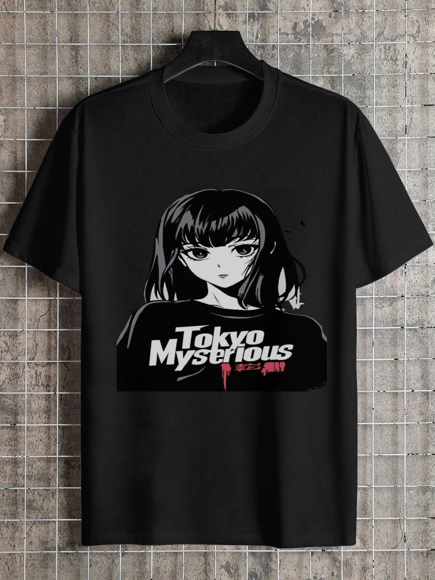 Tokyo Mysterious Anime Girl Graphic T-shirt - Black & White Contrast Design XXL
