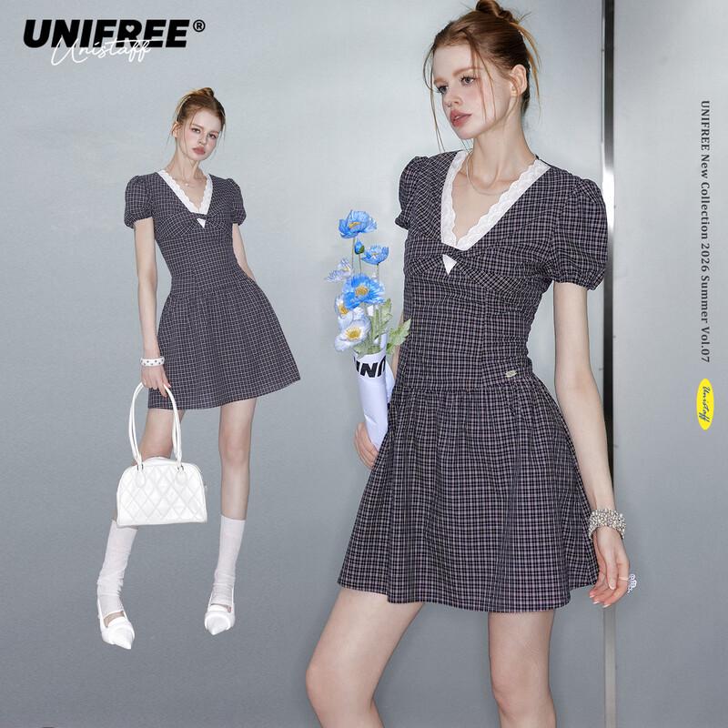 UNIFREE Plus Size Lace Patchwork Plaid V-Neck Dress M