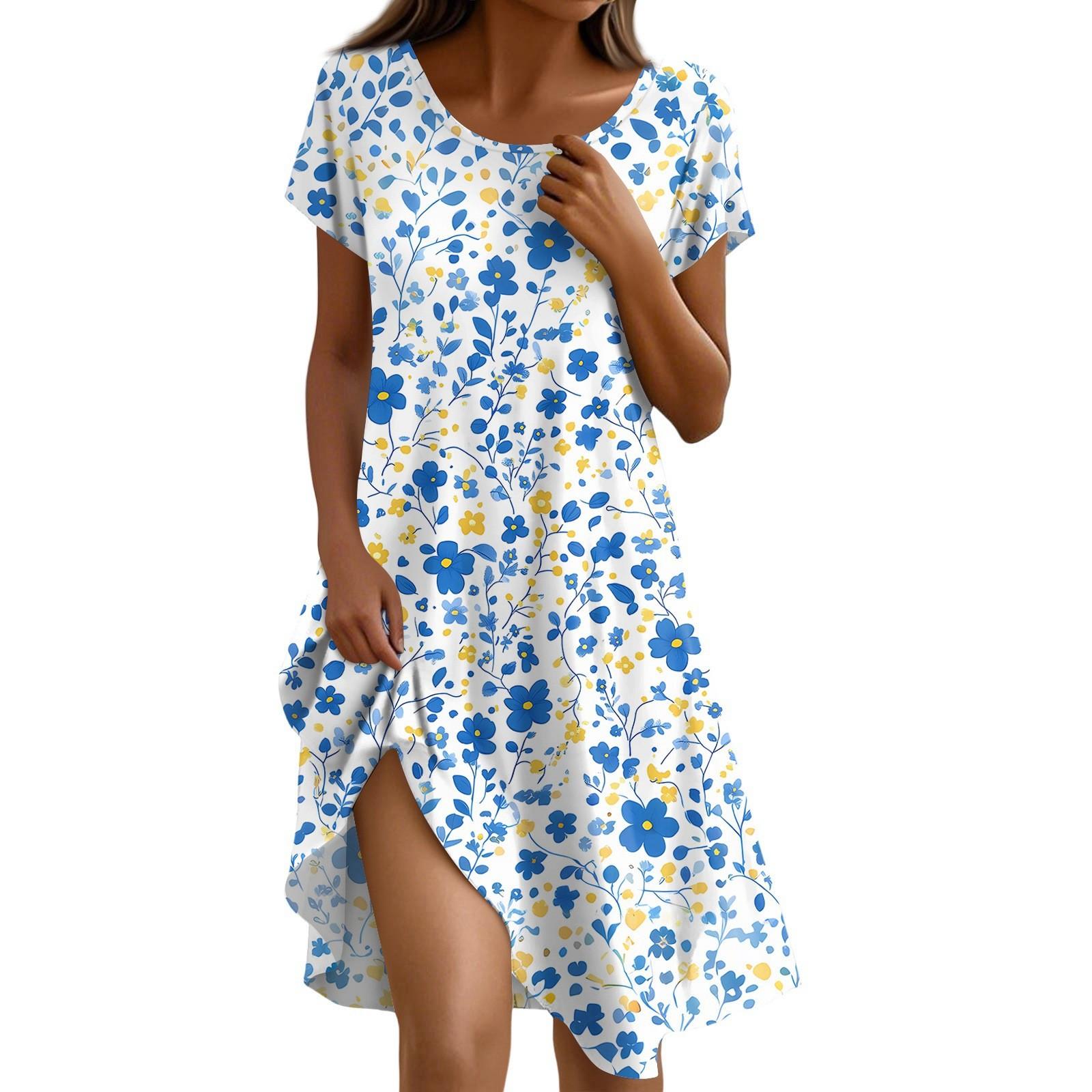 

Short Sleeve Boho Dress For Women Casual Loose Fit Sundress Print Round Neck Dress With Pockets XL небо синє кольору