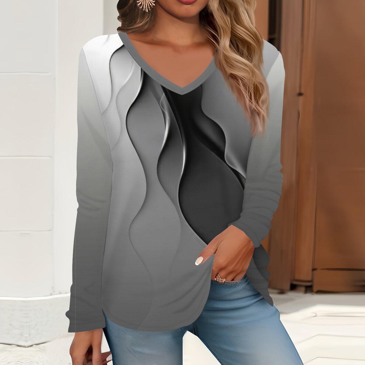 

2023 весна и осень новая мода с длинным рукавом повседневная футболка с v-образным вырезом и принтом