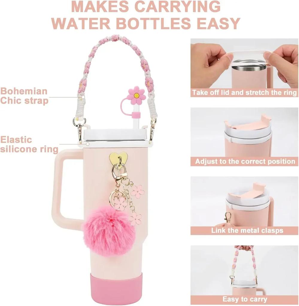 Set di 7/8 Pezzi di Accessori per Tazze per Stanley Cup Inclusi Manico Cinturino Base in Silicone per Tazza Copri Cannuccia Ciondoli per Bicchiere da 40oz 30oz