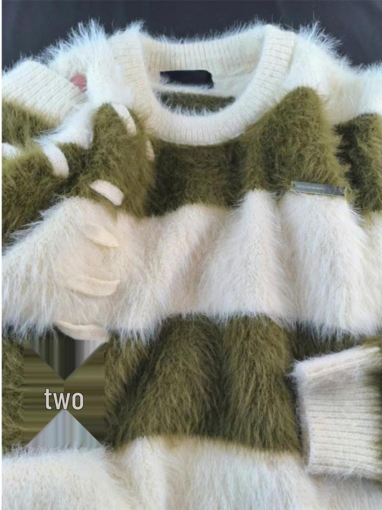 Men's Korean Style Striped Mink Velvet Sweater - Autumn/Winter Fluffy Loose Fit