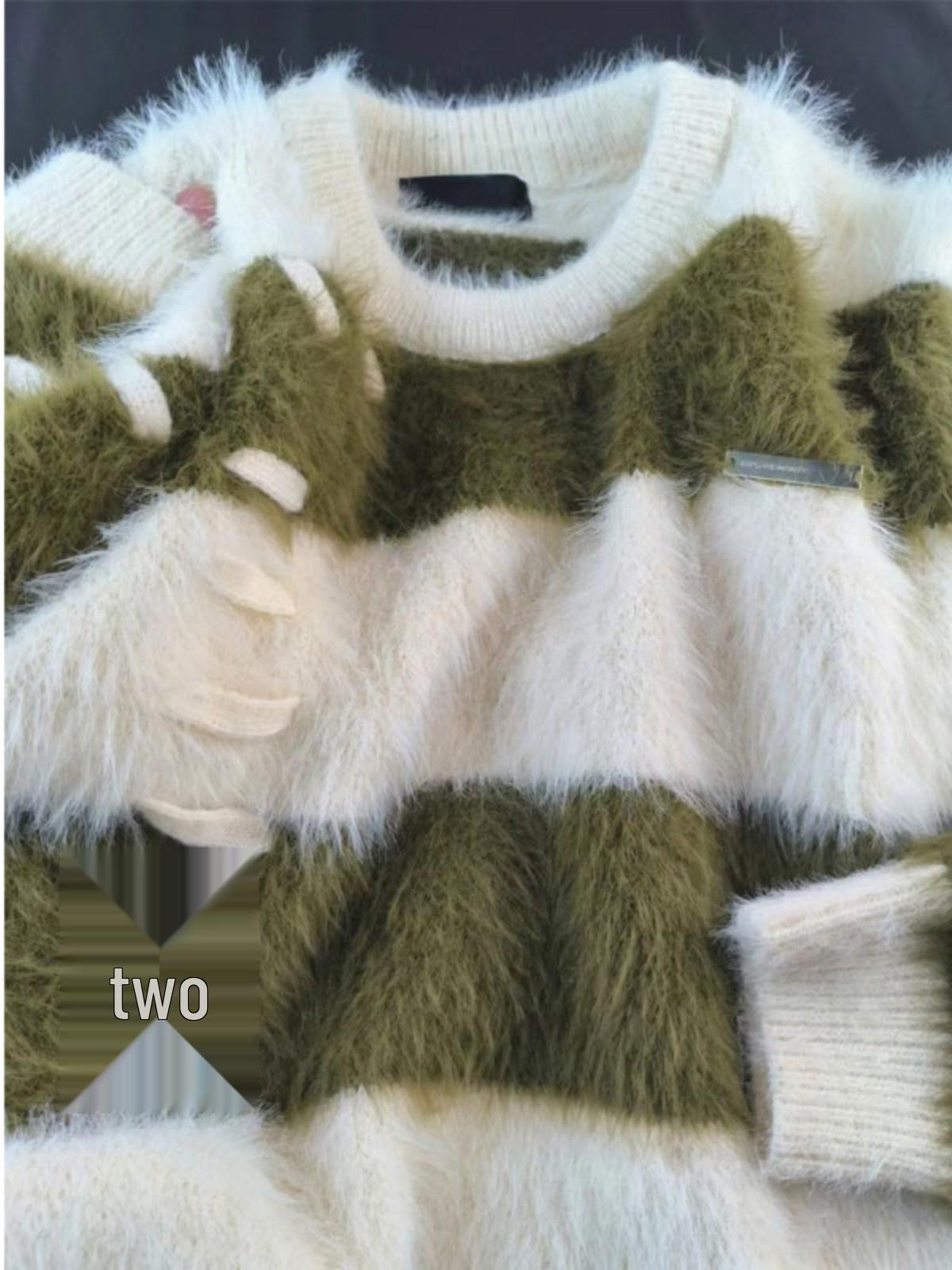 Korean Striped Mink Velvet Men s Sweater: Autumn/Winter Loose Fit, Fluffy & Thickened Medium