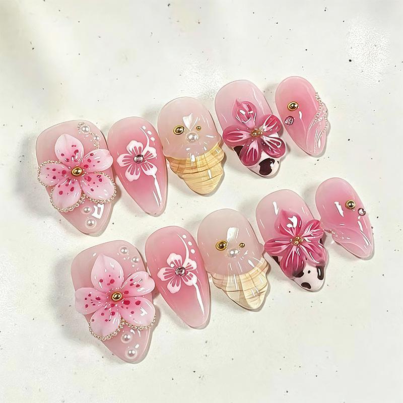 Summer European American 3D Strawberry Cherry Almond Nail Art Gel Tips