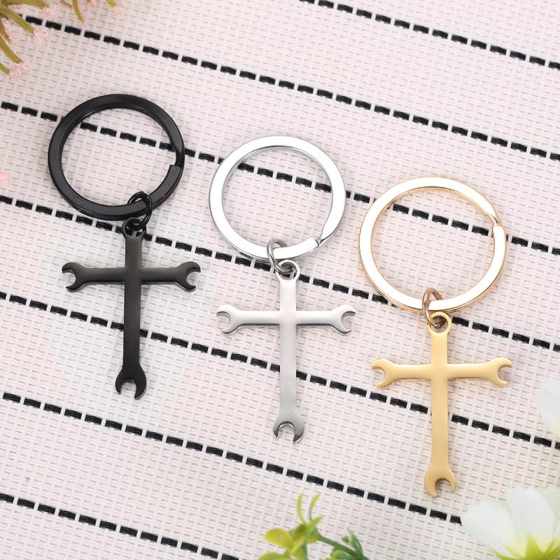Punk Wrench Cross Stainless Steel Keychain Vintage Tool Design Fashion Pendant Practical Gift for Boyfriend Dad